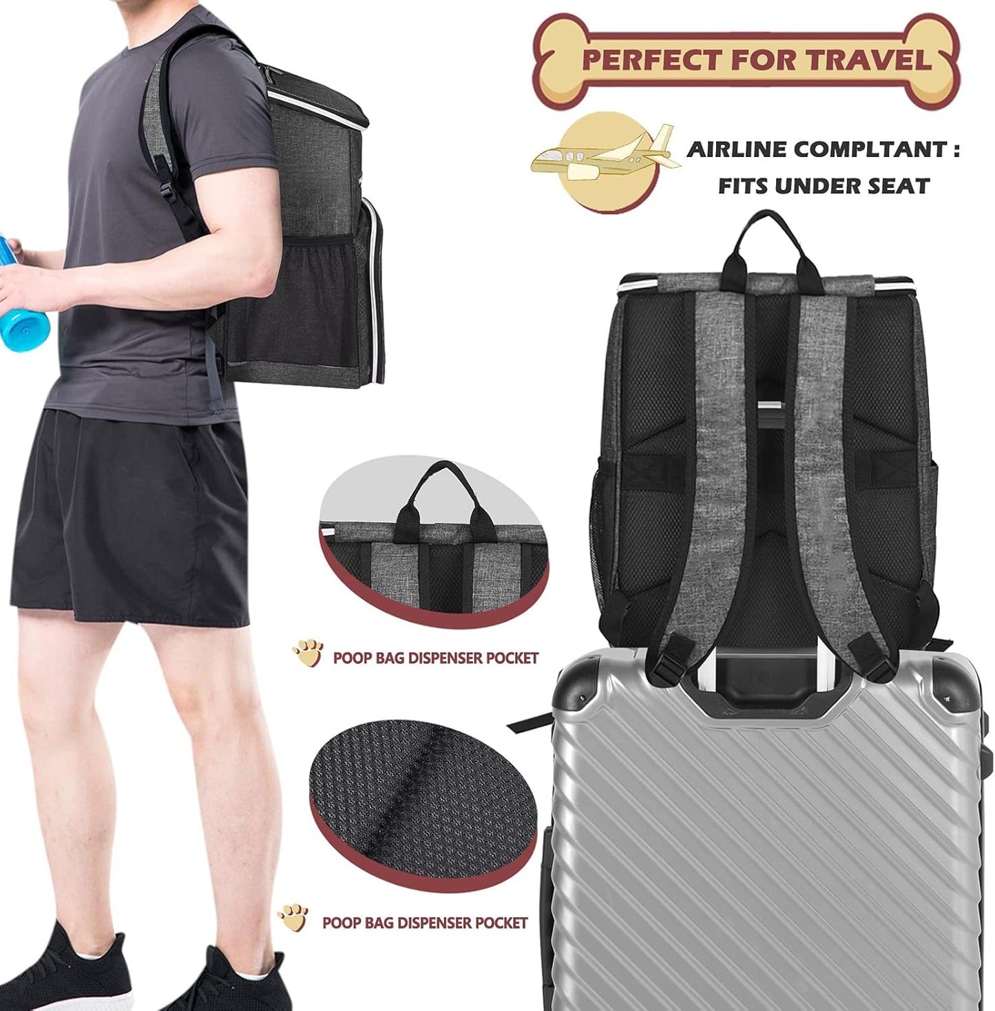丨Dog Travel Bag Backpack, Airline Approved Pet Supplies Backpack, Dog Travel Backpack with 2 Silicone Collapsible Bowls and 2 Food Baskets Grey