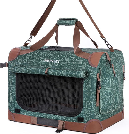 Extra Large Cat Carrier Soft Sided, Portable Small Dog Carrier for 2 Cats, 24"X16.5"X16" Car Travel Folding Comfortable Design, Green