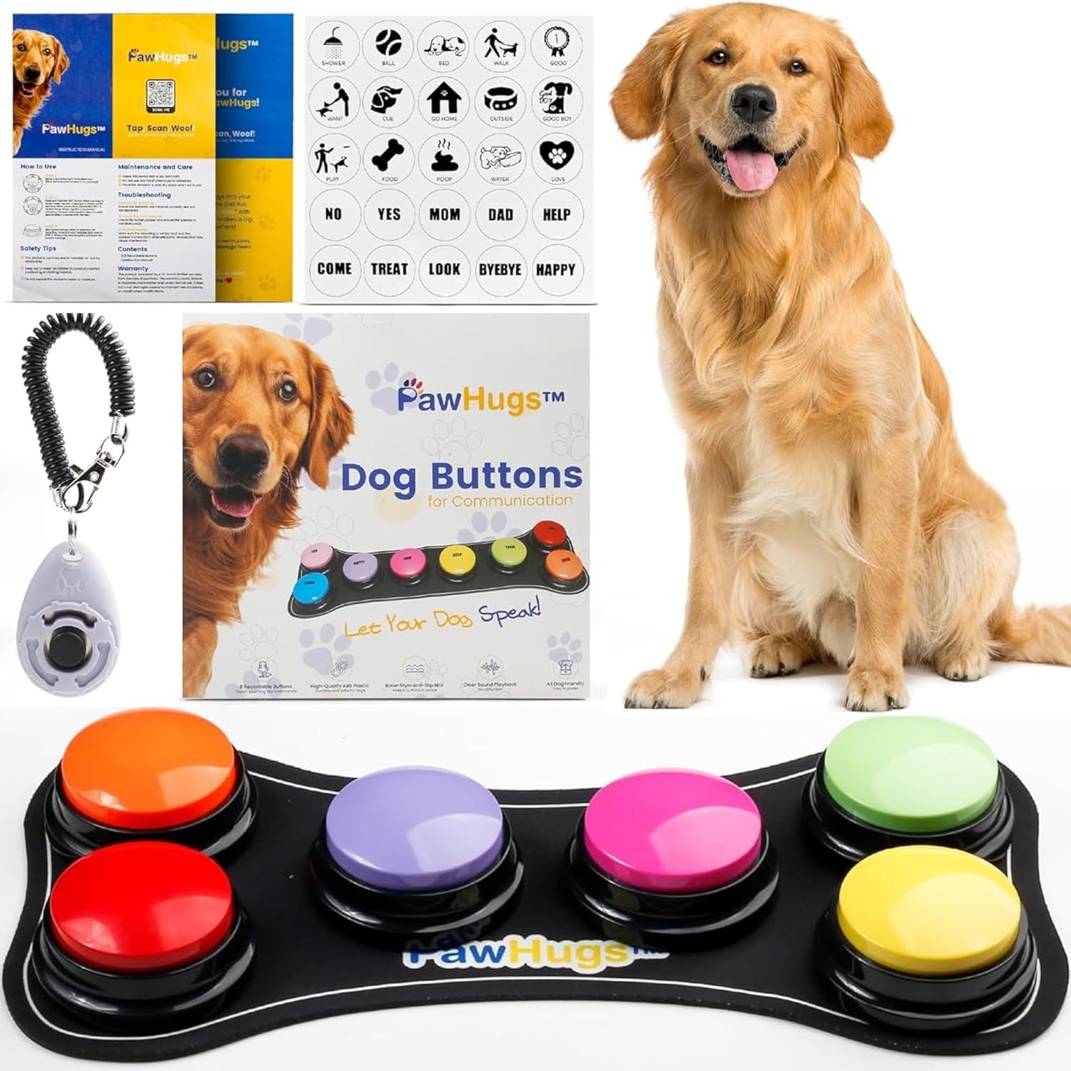 Dog Buttons for Communication with Mat & Clicker – 30S Recordable Dog Buttons Talk, Talking Buttons for Dogs, Gift for Dog Owners with Training Guide, Custom Stickers, and Clear Sound (6-Pack)