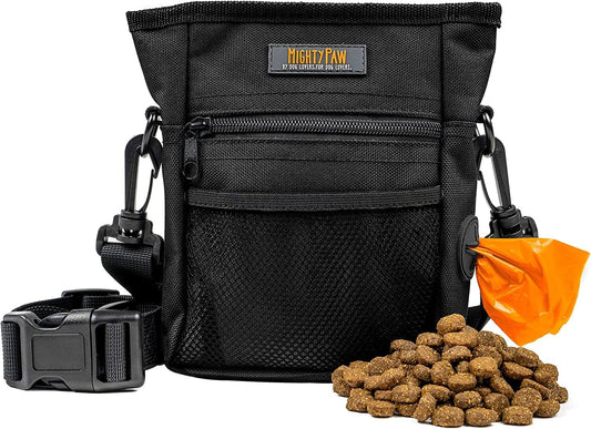 Dog Treat Pouch 2.0 | Pet Training Hands-Free Snack Bag W/Strap. Holds 2 Cups Kibble, Poop Bags, Phone & Keys. Magnetic Clasp & Waist Belt Clip. Includes 1 Roll of Poop Bags (Orange/Black)